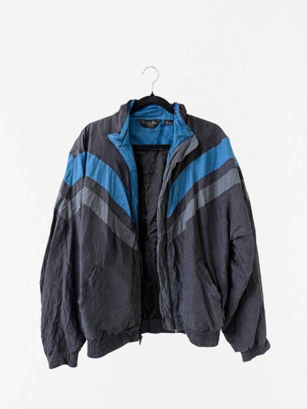 Vintage Christian Dior Monsieur Bomber 100% Silk Zip Jacket Black Teal